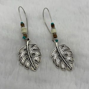Beaded Silver Tone Leaf Dangle Earrings